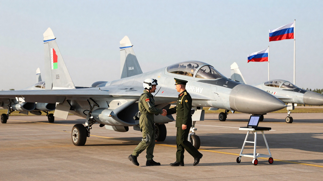 Two military personnel shaking hands next to a fighter jet on an airbase with Russian flags in the background.