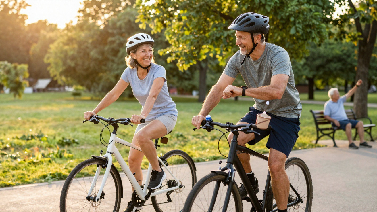 Older couple wearing helmets cycling on a park path with trees and a bench in the background at sunset.