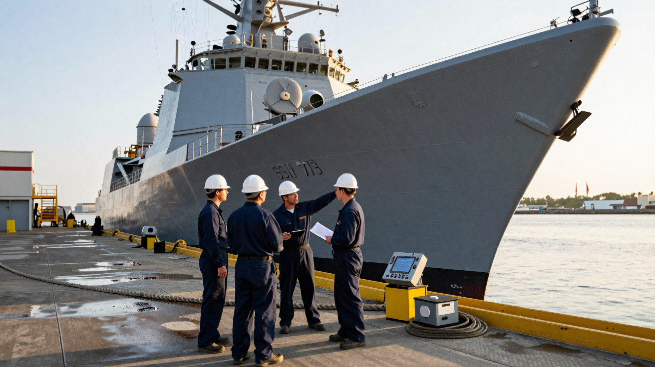 Four workers in hard hats and navy uniforms standing on a dock beside a large naval ship at sunset.