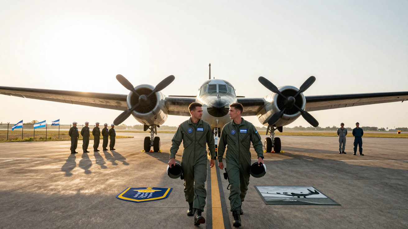 Two pilots in green flight suits walking on runway in front of a vintage twin-engine propeller plane at sunset.