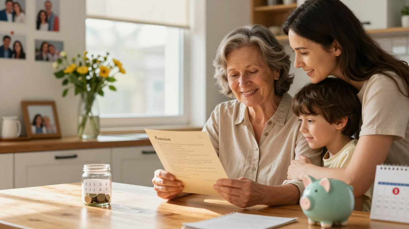 Older woman reading a pension letter with a younger woman and child at a kitchen table with money jar and piggy bank.