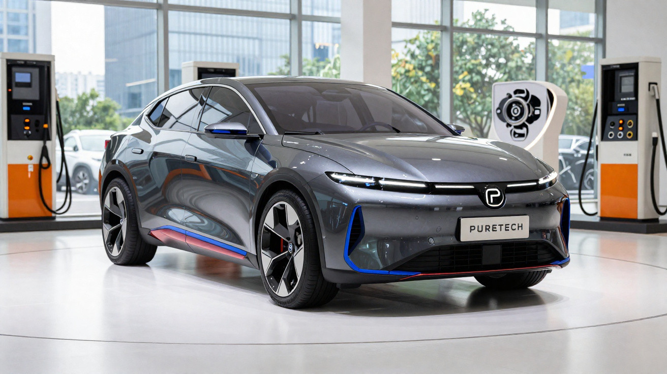 Sleek grey electric car with blue accents displayed indoors near modern charging stations.