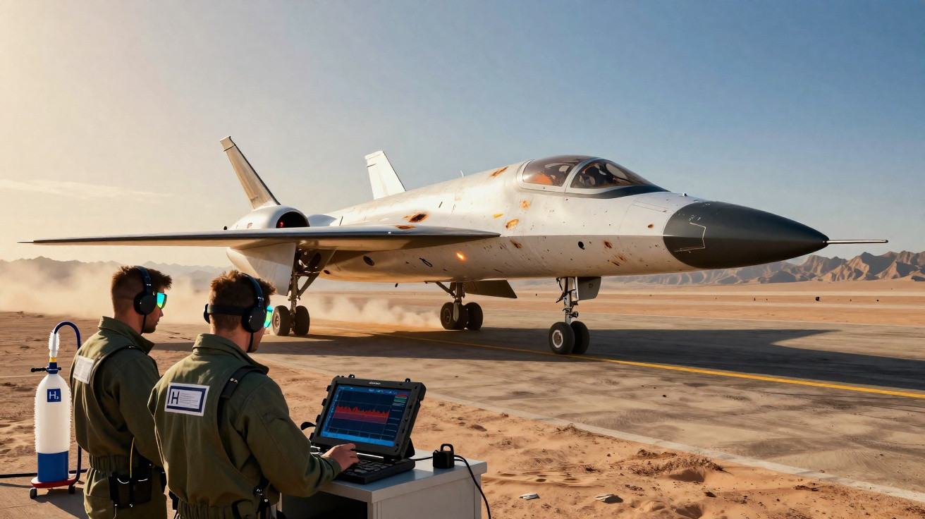 Military jet taxiing on runway with two personnel monitoring data on laptop in desert environment