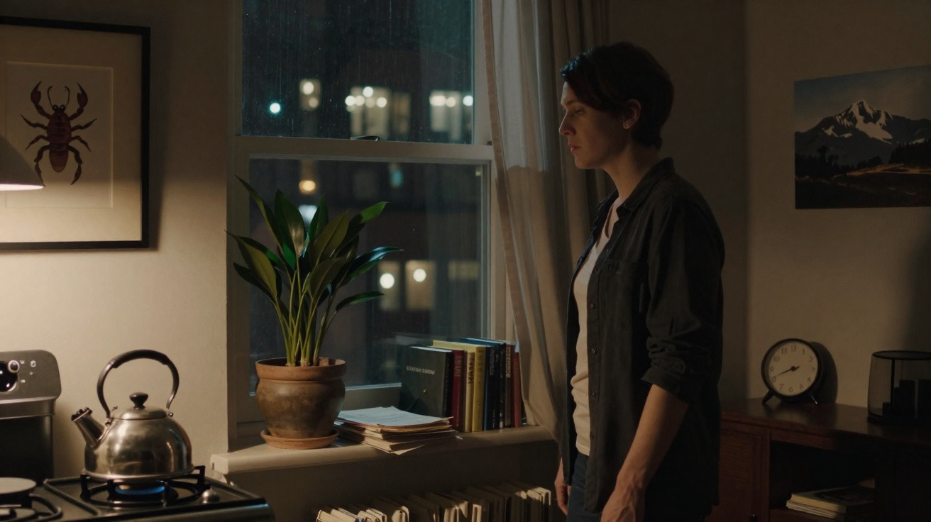 Person standing by a window at night in a dimly lit room with a kettle, plant, and books.