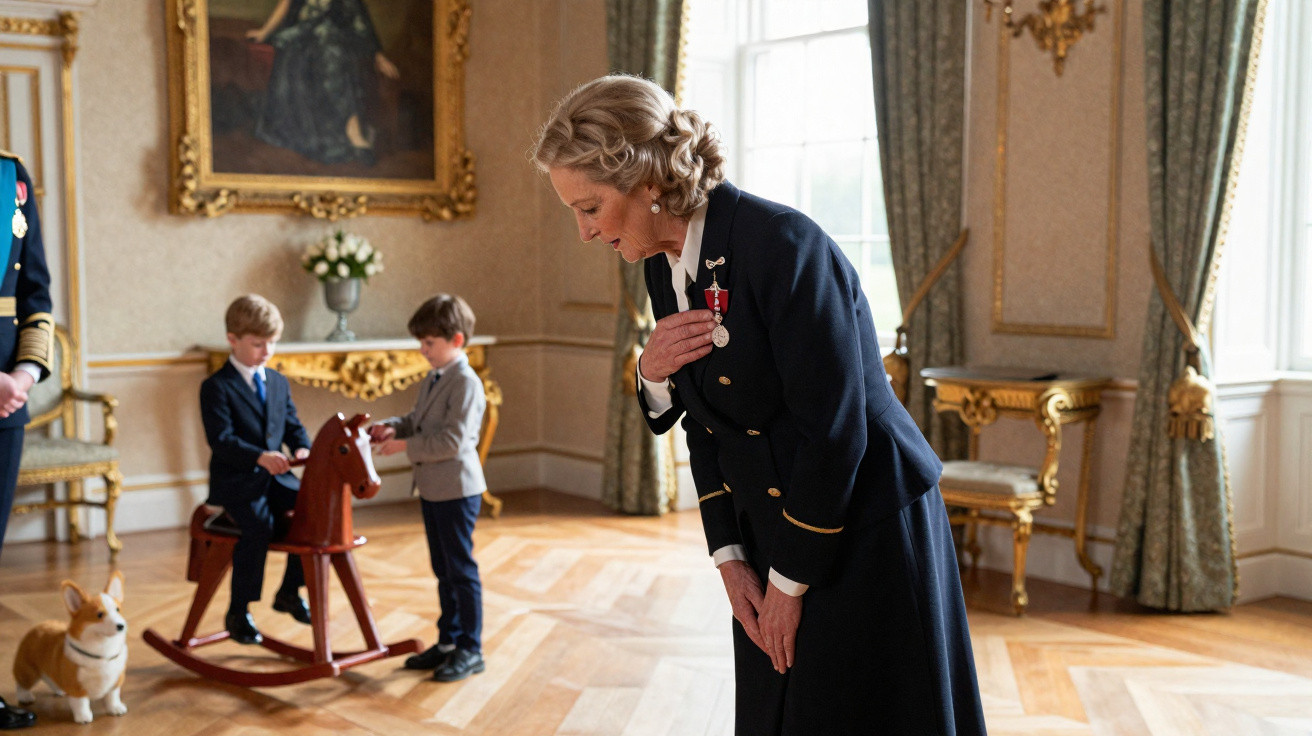 An older woman in formal attire bows slightly to two boys playing on a wooden rocking horse in an elegant room.