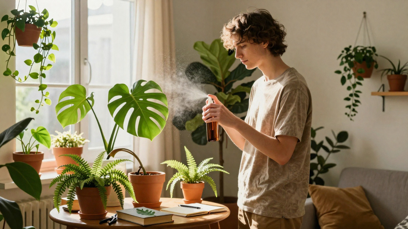 Young man spraying indoor plants with water in a sunlit living room filled with greenery.