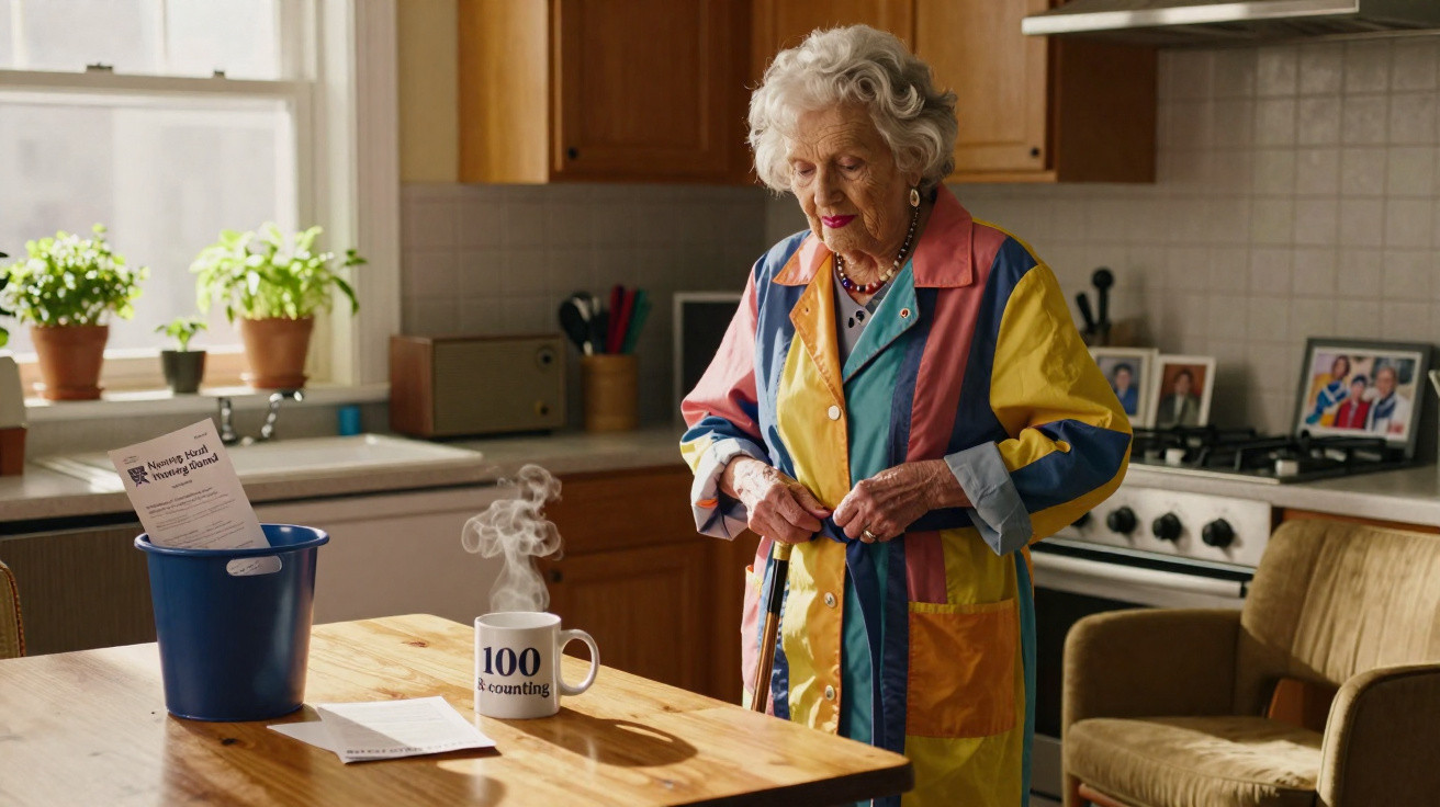Elderly woman in a colourful coat standing in a kitchen near a steaming mug labelled "100 & counting".