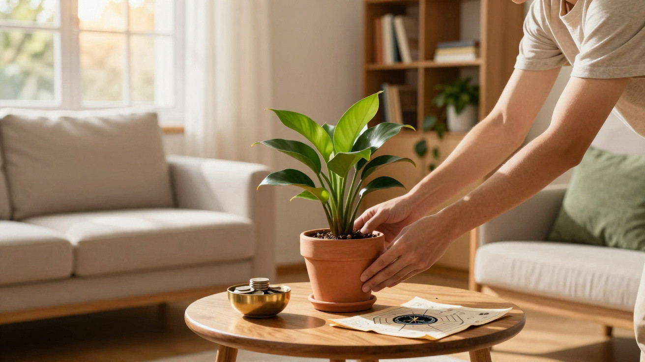 Person placing a green potted plant on a wooden coffee table in a sunlit living room.