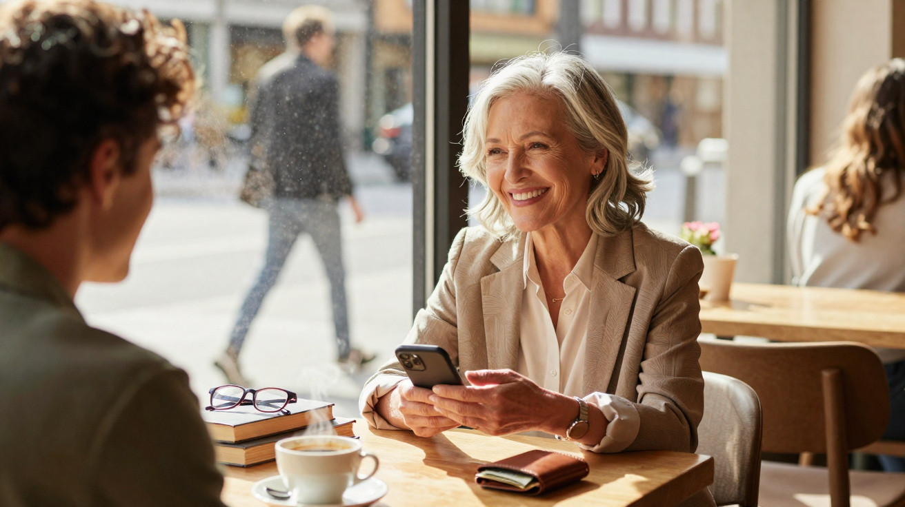 Two women smiling and chatting in a bright café, one holding a smartphone and a cup of coffee on the table.