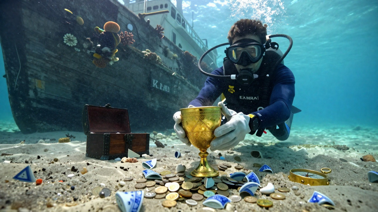 Diver underwater holding a golden goblet near a sunken ship surrounded by coins, broken pottery, and a treasure chest.