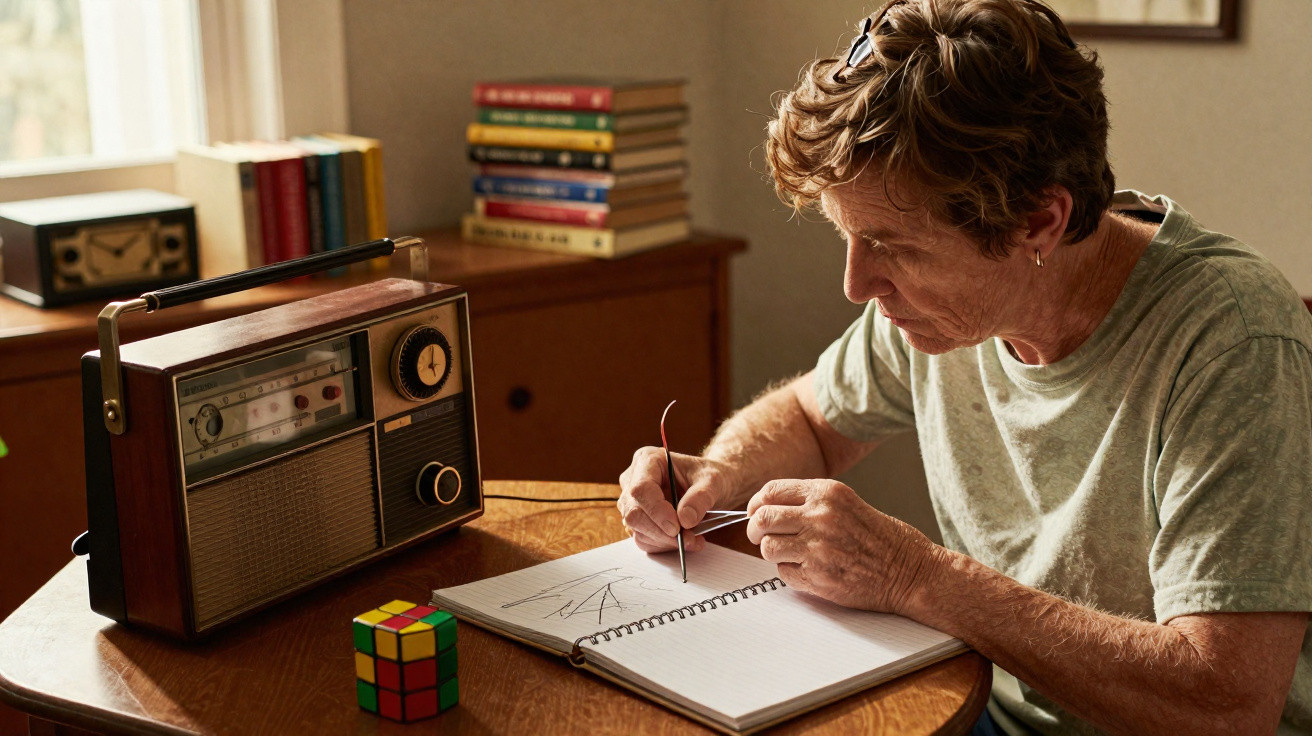 Older woman drawing in notebook at wooden table with vintage radio and Rubik's cube nearby.