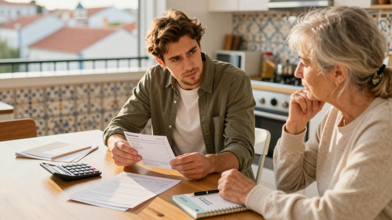 Young man reviewing bills with elderly woman at kitchen table, calculator and paperwork visible.