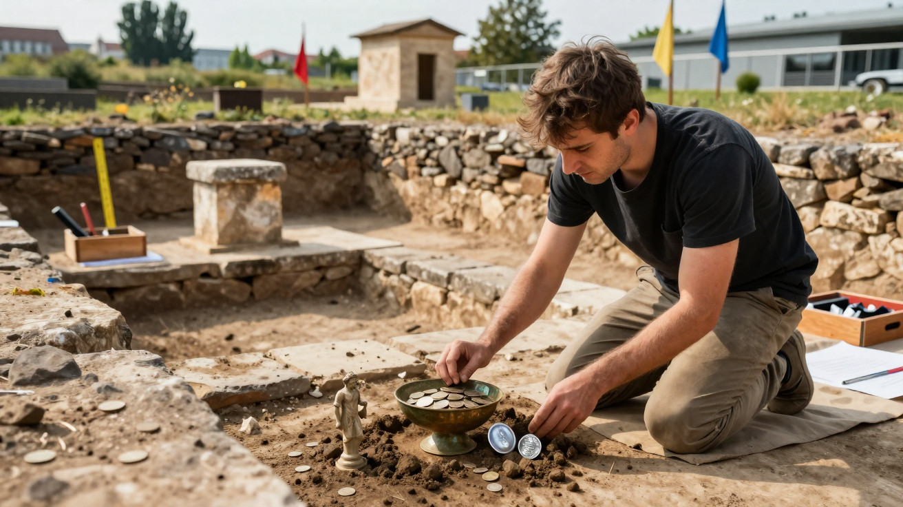 Man kneeling and examining ancient coins at an archaeological dig site surrounded by stone ruins.
