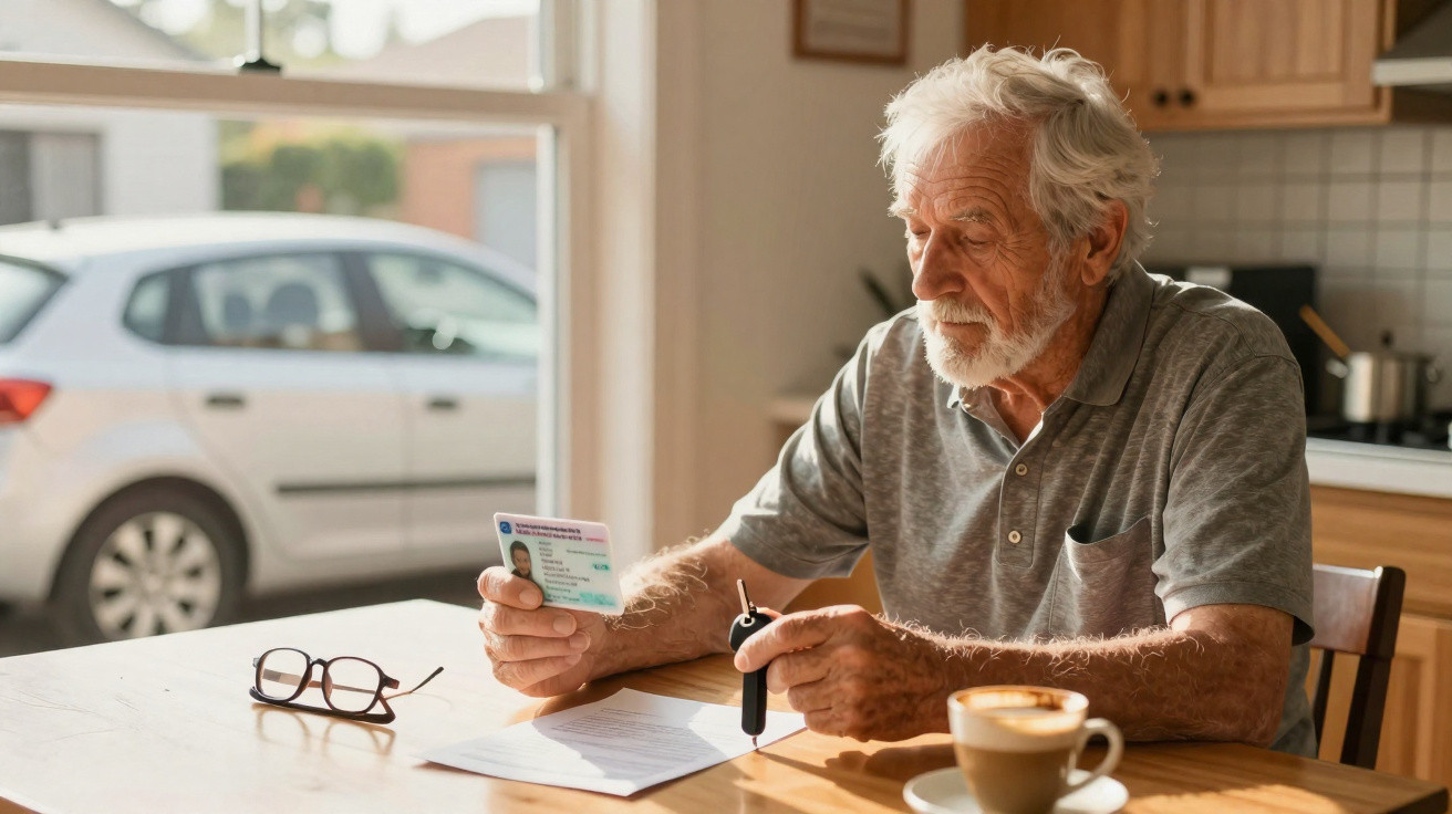 Elderly man sitting at a kitchen table, holding a driving licence and car keys, with a coffee cup nearby.