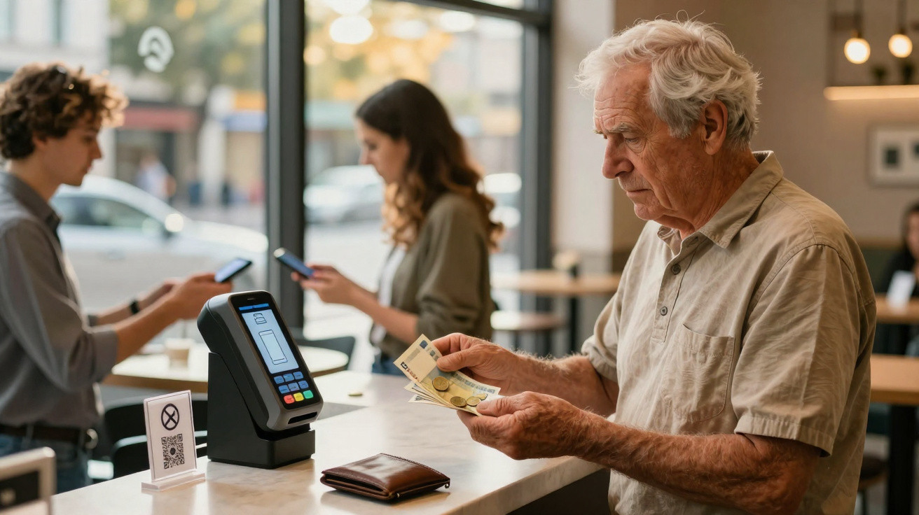 Elderly man counting cash to pay at a counter in a busy cafe with two people using phones in background.