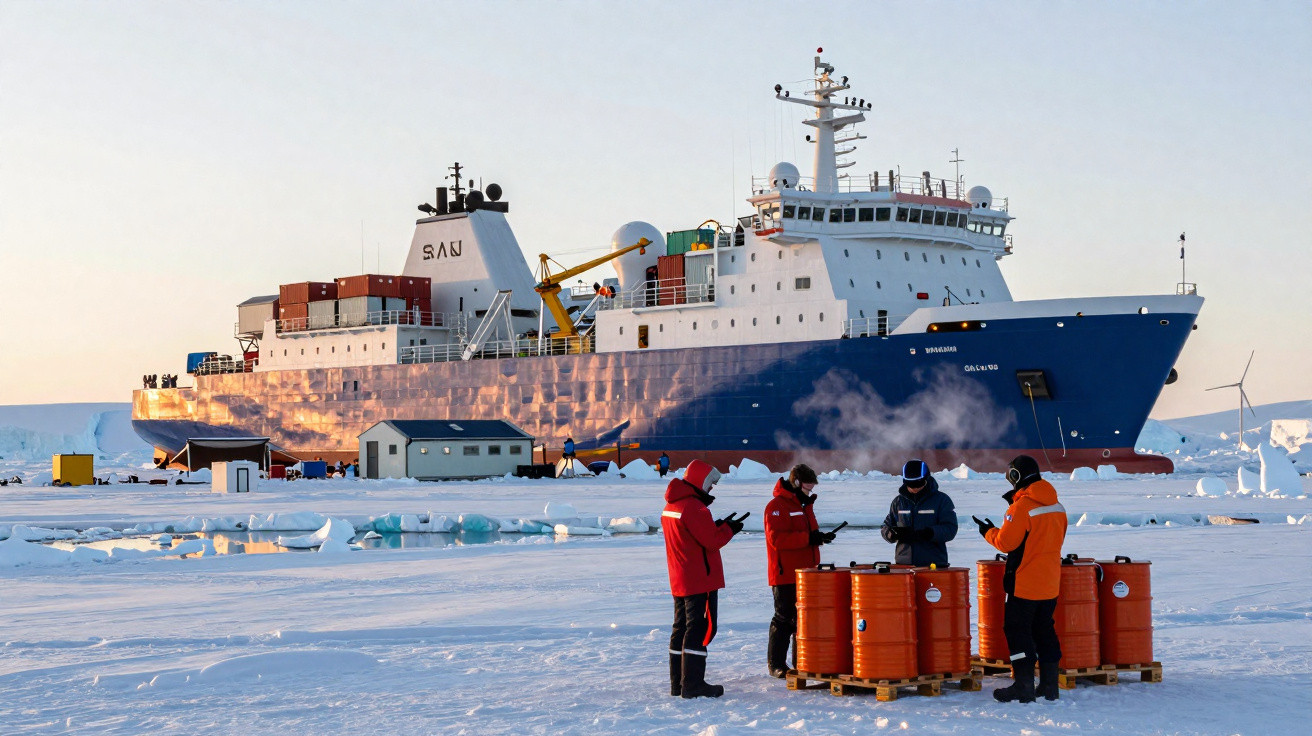 Researchers in cold weather gear work near orange barrels on icy terrain with a large blue and white research ship docked nea