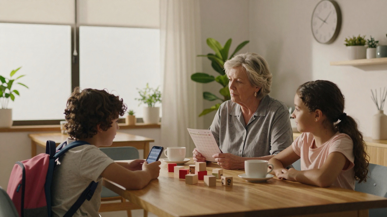 An elderly woman and two children sitting at a wooden table playing a board game in a bright room.
