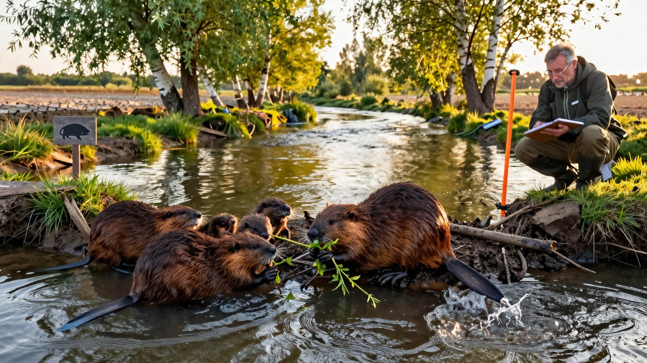 Beavers chewing branches in a river while a researcher observes and takes notes nearby.