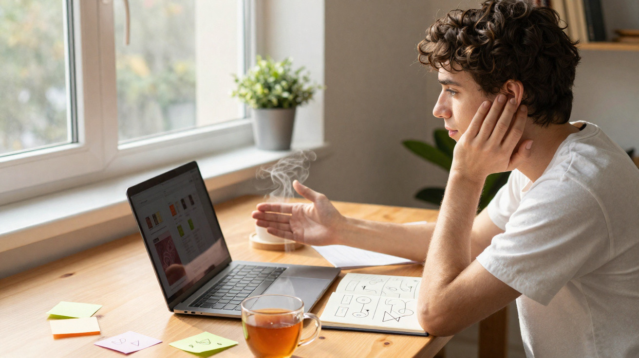 Young man in white t-shirt studying with laptop, notebook, and tea at wooden desk by window