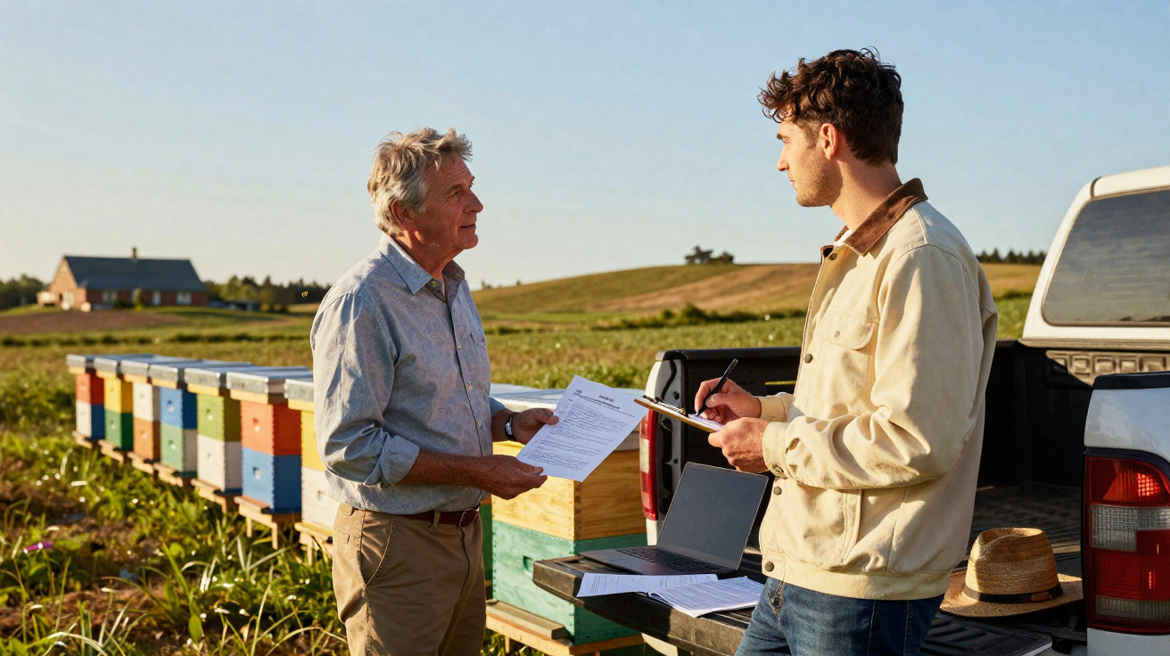 Two men discussing documents beside a pickup truck near colourful beehives in a rural field at sunset.