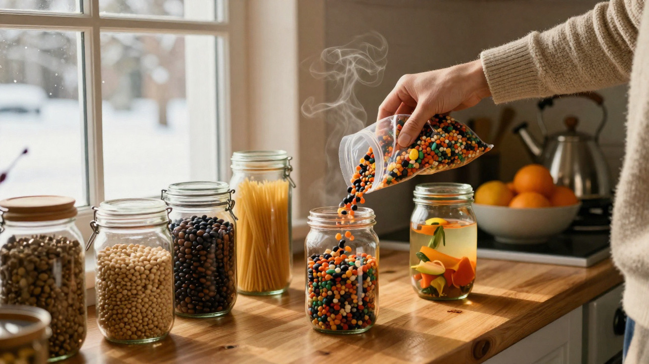Hand pouring steaming multicoloured lentils from a bag into a glass jar on a wooden kitchen windowsill.