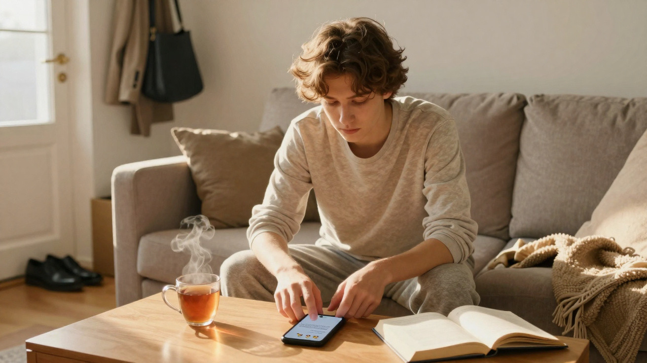 Teenage boy sitting on a sofa using a smartphone with a steaming cup of tea and an open book on the table.