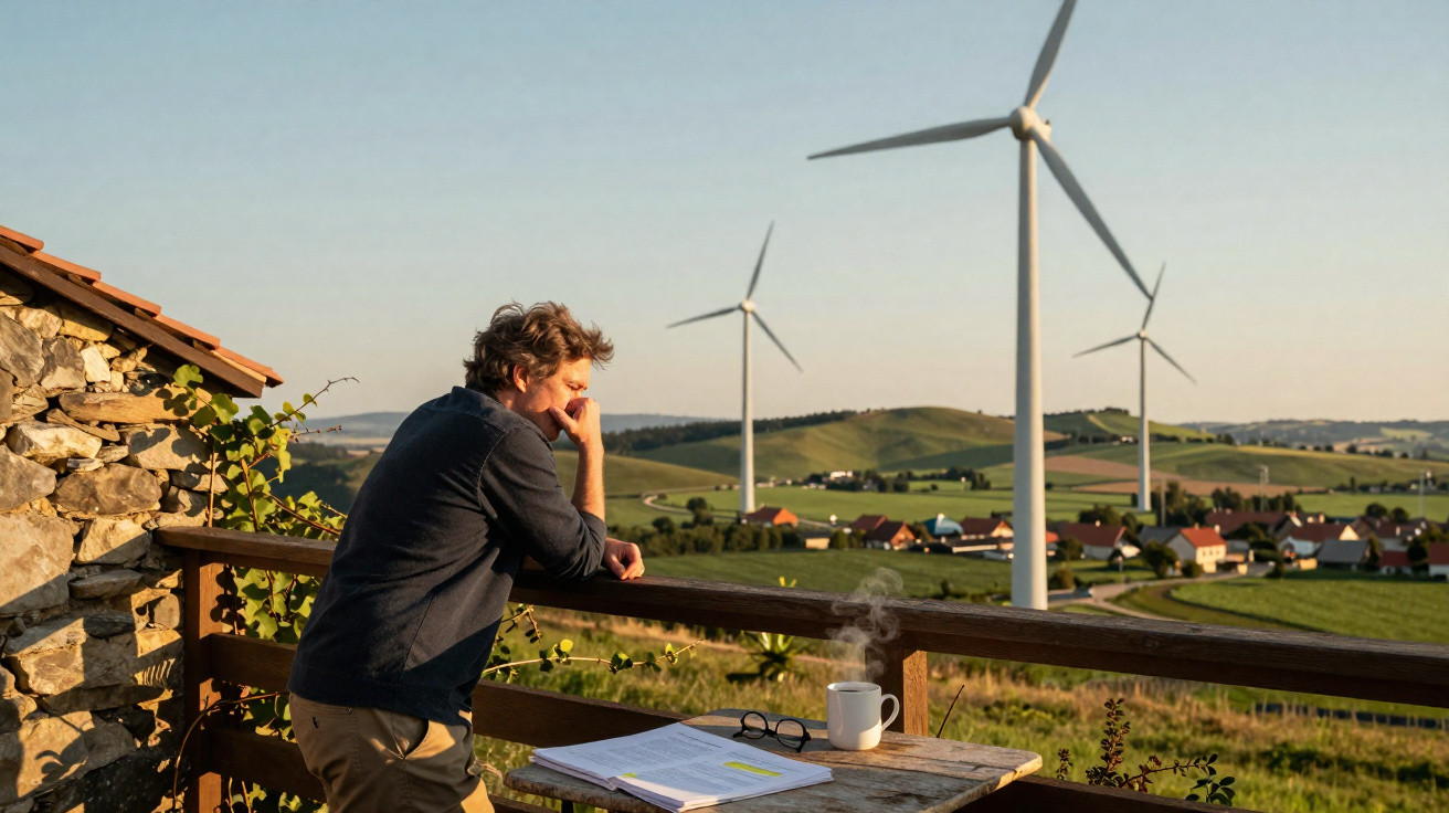 Man leaning on wooden balcony railing overlooking wind turbines and countryside village at sunset