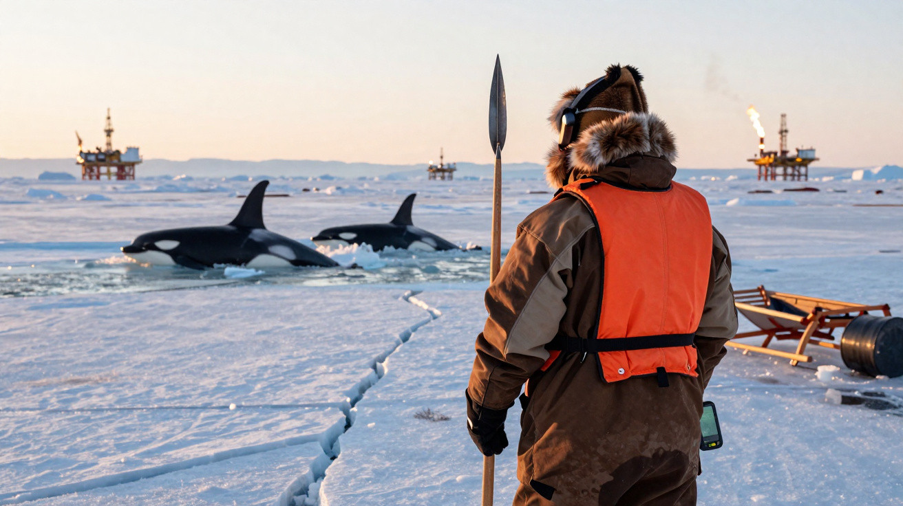 Person in winter gear holding a spear on ice near orcas swimming through a crack with offshore rigs in background.