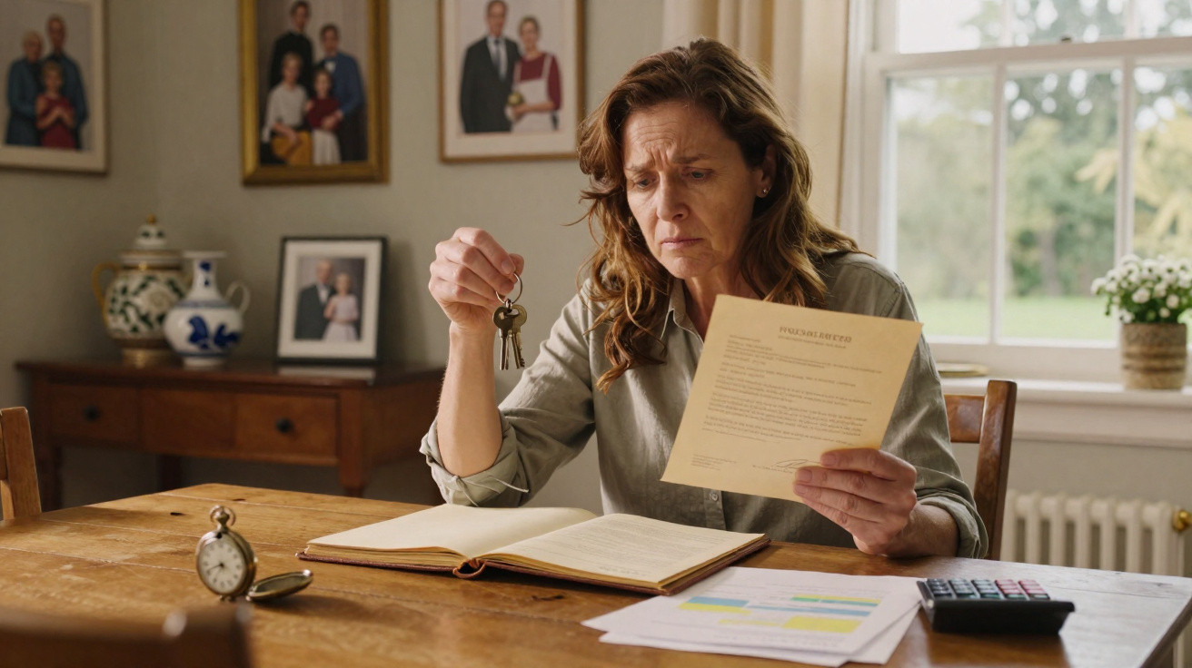 Woman looking worriedly at a letter while holding house keys, sitting at a wooden table with bills and a calculator.