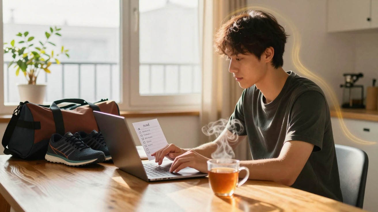 Young man working on laptop at wooden table with a steaming cup of tea and sports shoes nearby in daylight.