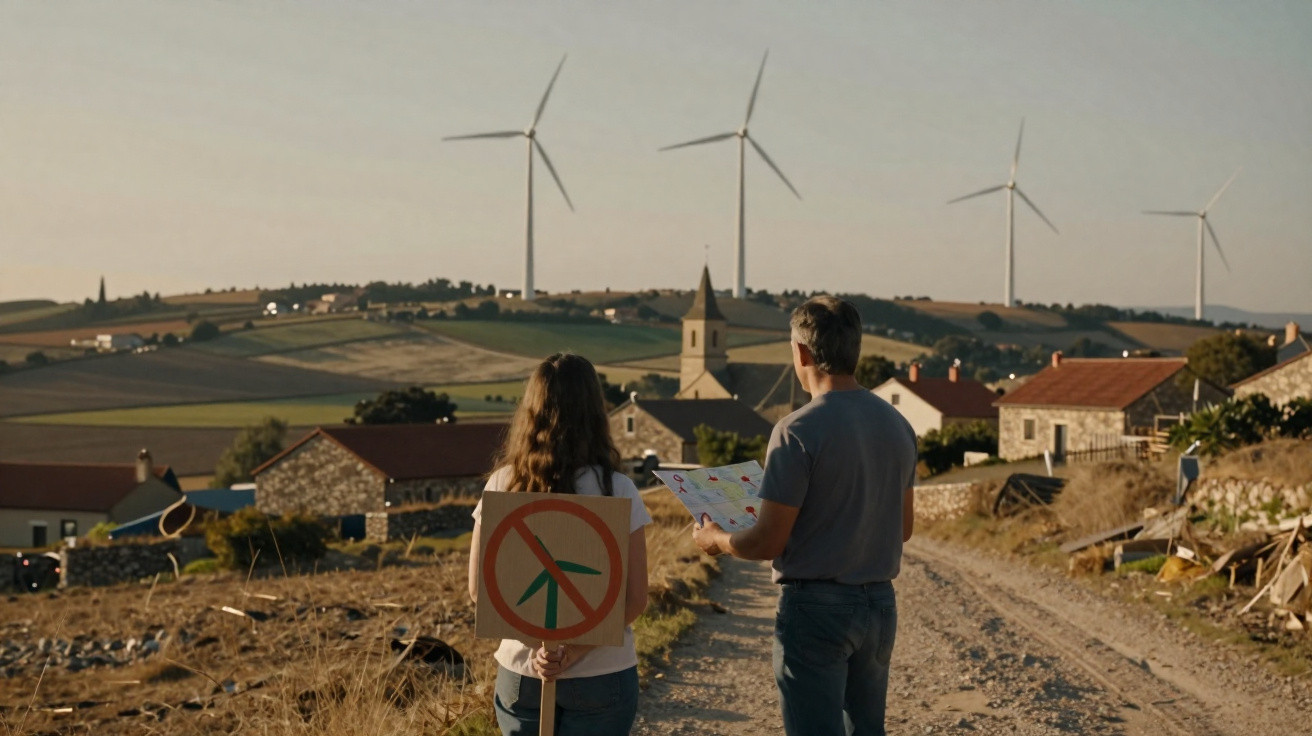 Couple stands on rural path with wind turbines nearby, one holding anti-wind turbine protest sign behind back.
