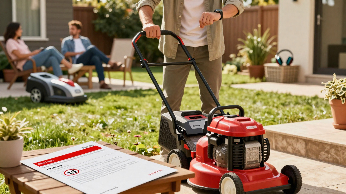 Person using a red lawn mower on a lawn with two people sitting and chatting in the background.