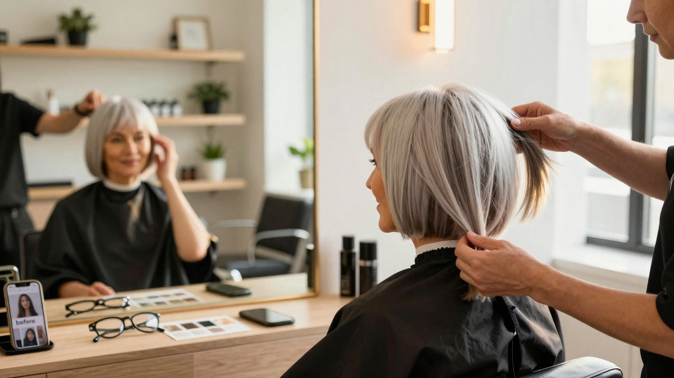 Senior woman with silver bob haircut sitting in salon chair while stylist adjusts her hair in front of mirror.