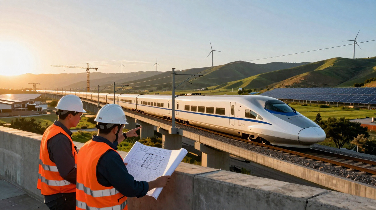 Two engineers in helmets and orange vests reviewing plans near a high-speed train on a sunny elevated track