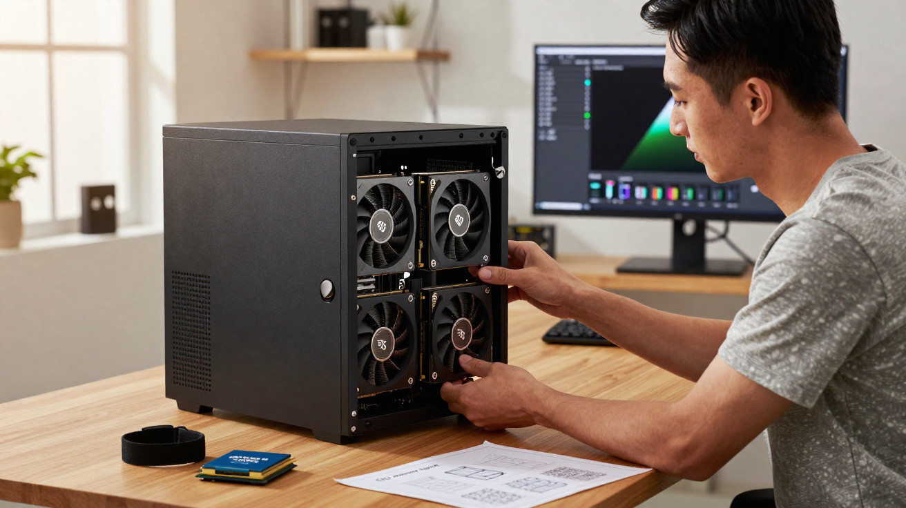 Man assembling a black computer case with four cooling fans on a wooden desk in a home office.