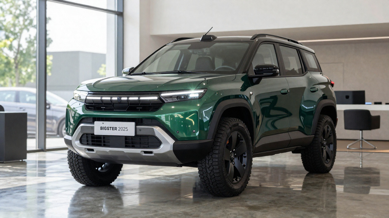Green Bigster 2025 SUV displayed indoors with large windows and modern furniture in the background.