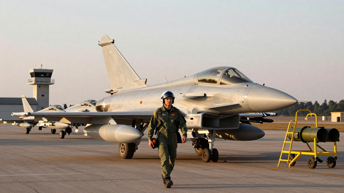 Military pilot walking on airstrip in front of parked fighter jets during sunset at an airbase.