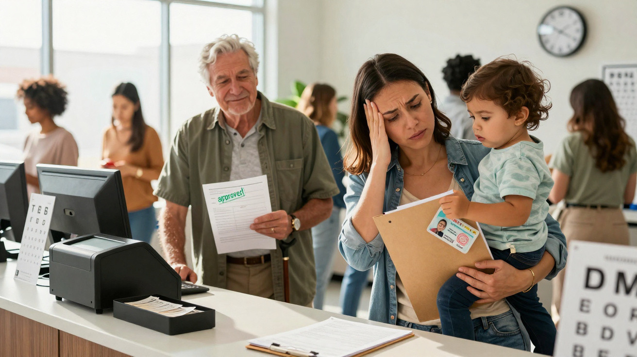 Tired woman holding a toddler and documents at a clinic reception with an elderly man holding approved papers behind her.
