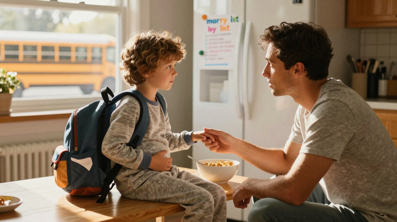 Father holding hands with young son wearing backpack, sitting on kitchen table near breakfast bowls.
