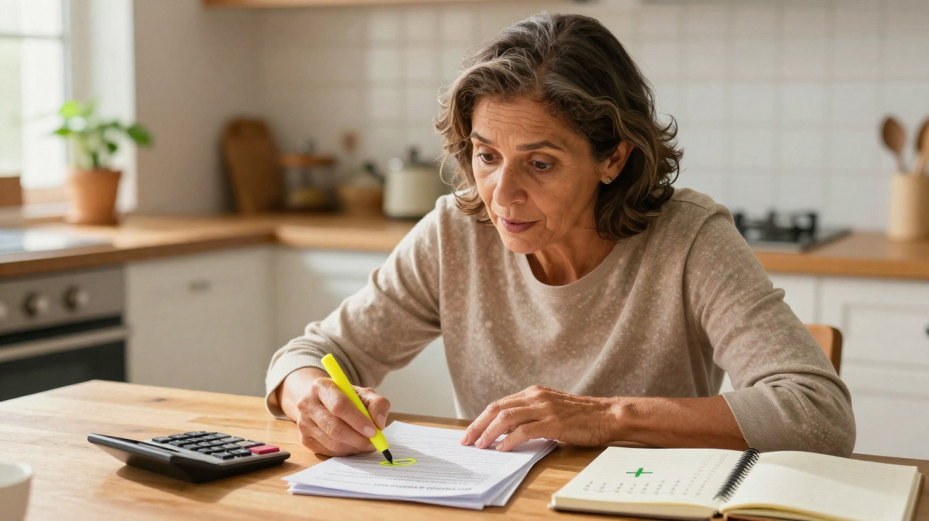 Middle-aged woman highlighting text on documents with a highlighter in a kitchen setting.