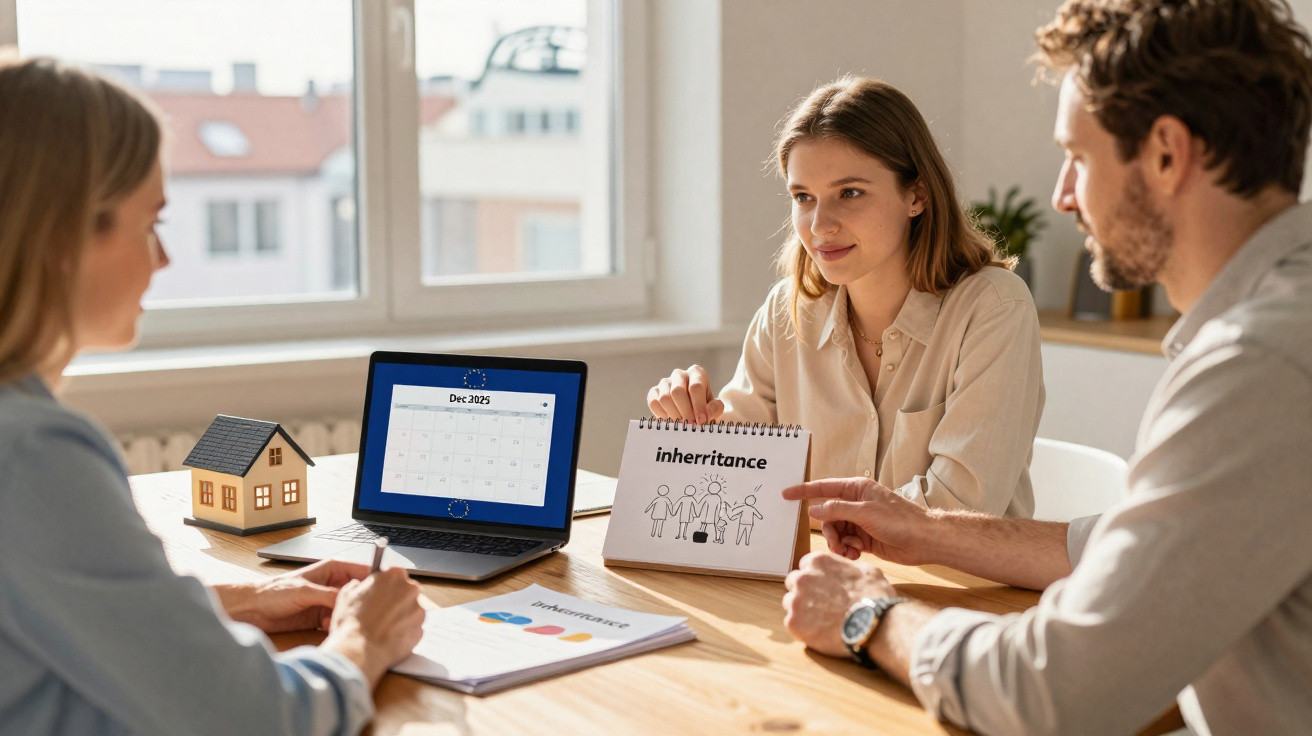 Couple discussing inheritance with advisor, calendar on laptop showing December 2025 and model house on table.