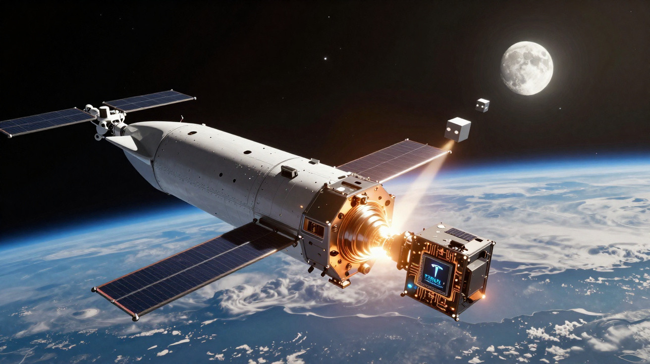 Satellite deploying small cubesats in orbit above Earth with the Moon visible in the background.