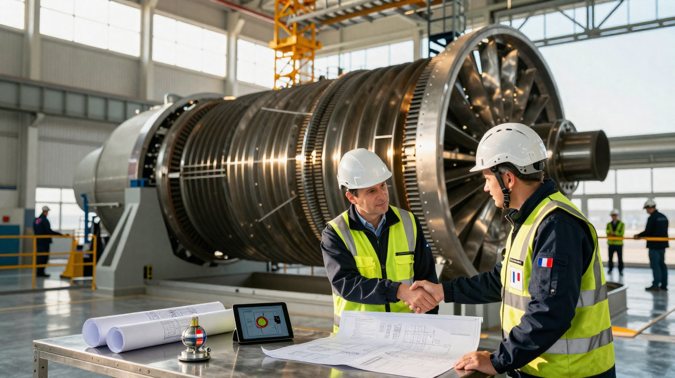 Two engineers in helmets and hi-vis vests shake hands in a factory with a large turbine in the background.