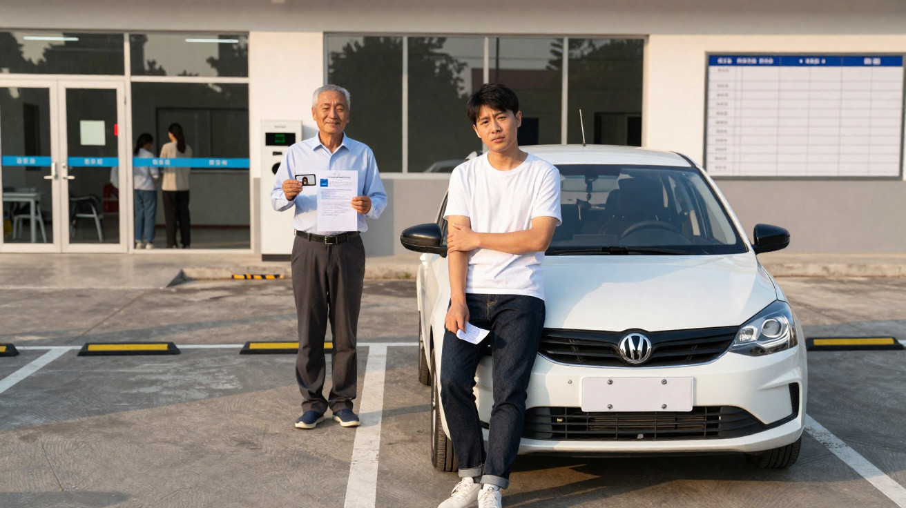 Older man holding driving licence and younger man leaning on white car in parking lot outside building.
