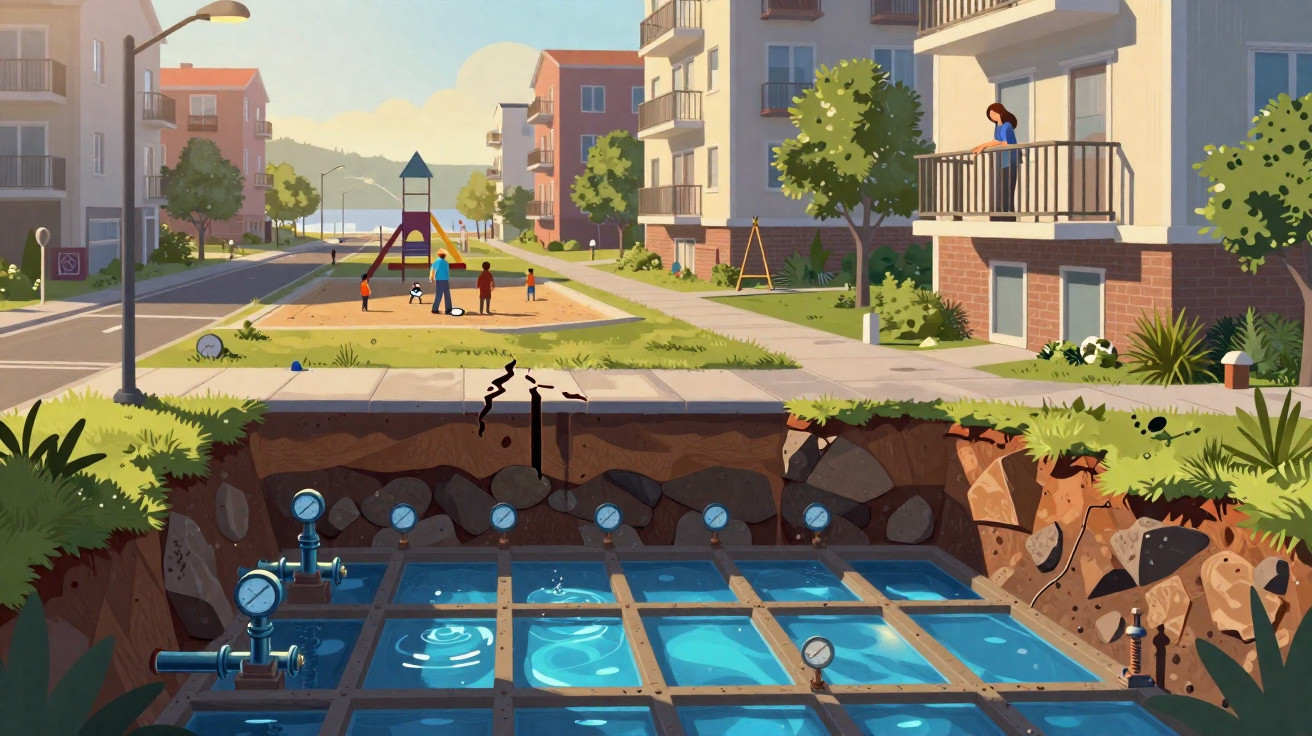 Cutaway view of underground water pipes beneath a suburban playground and apartment buildings on a sunny day.
