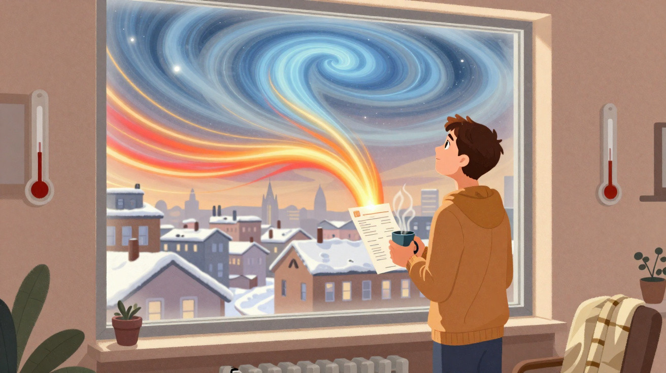 Person holding a steaming cup and reading by a window showing a snowy town and a colourful swirling sky.