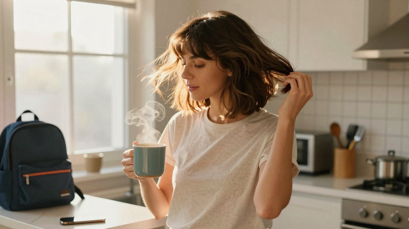 Woman with shoulder-length hair holding a steaming mug in a bright kitchen with a backpack on the counter.