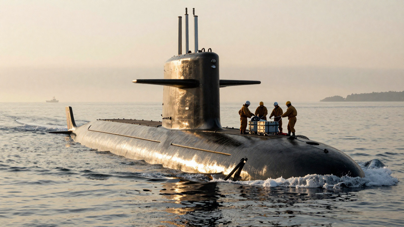 Crew members in helmets and orange suits stand on a submarine's deck at sea during sunset.