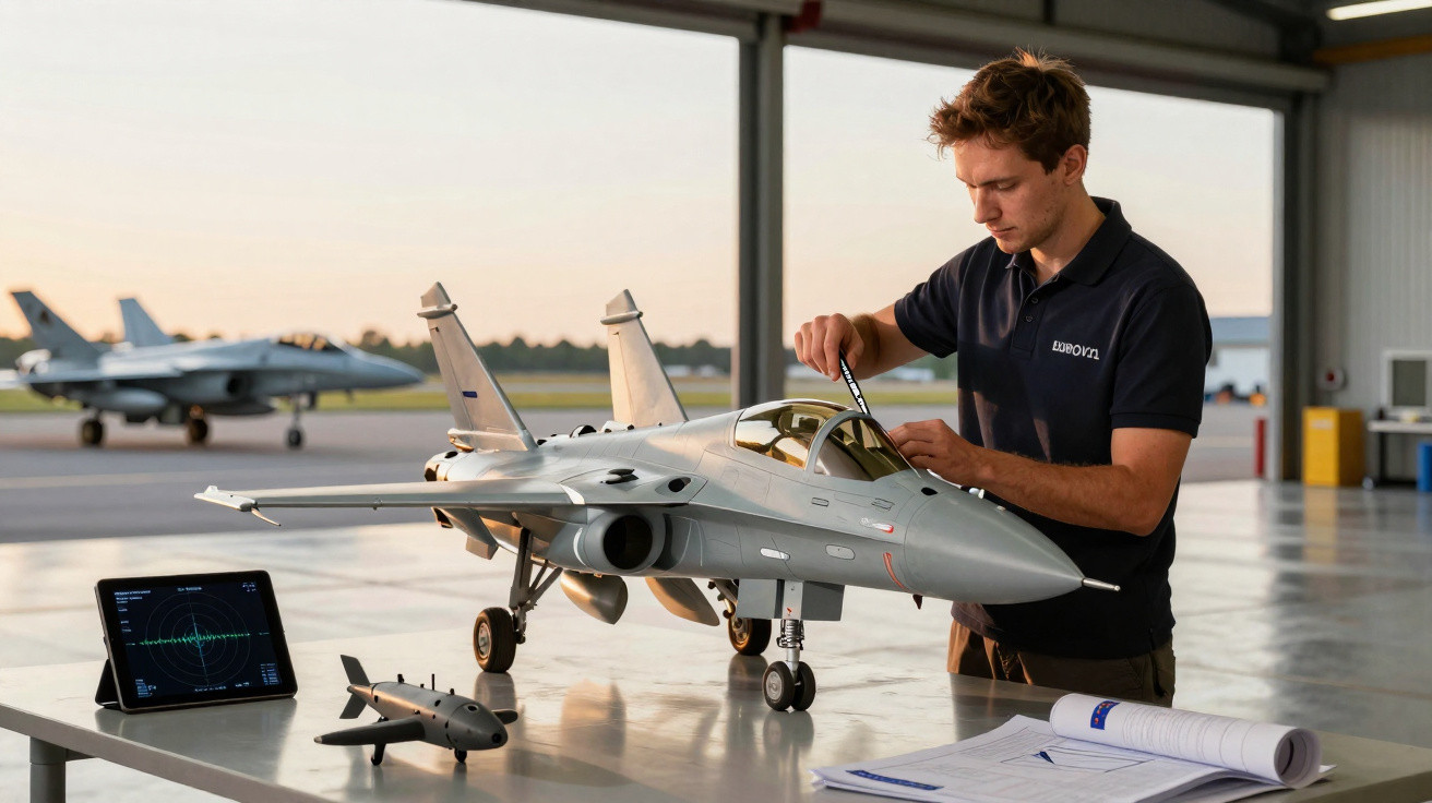 Engineer assembling a detailed fighter jet model on a table inside an aircraft hangar at sunset.