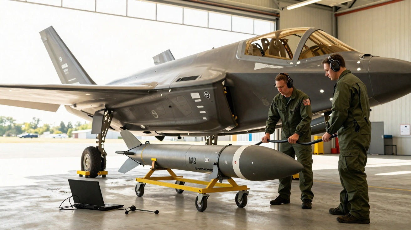 Two technicians in flight suits handling a missile on a trolley beside a stealth fighter jet inside a hangar.